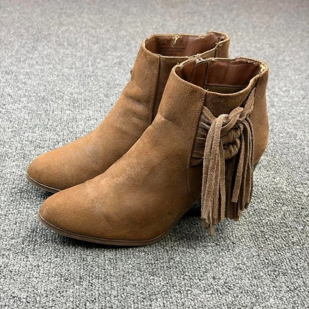 Women's Brown Suede Leather Fringe Tassel Heel Side Zip Booties Boots Size 6.5 M